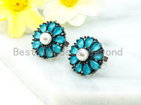 Light Blue Daisy Flower Earring with CZ Micro Pave Studs, CZ Pave Earring in Silver Gunmetal, Cubic Zirconia Earrings,16x16mm,1pair, sku#O49