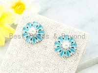 Light Blue Daisy Flower Earring with CZ Micro Pave Studs, CZ Pave Earring in Silver Gunmetal, Cubic Zirconia Earrings,16x16mm,1pair, sku#O49