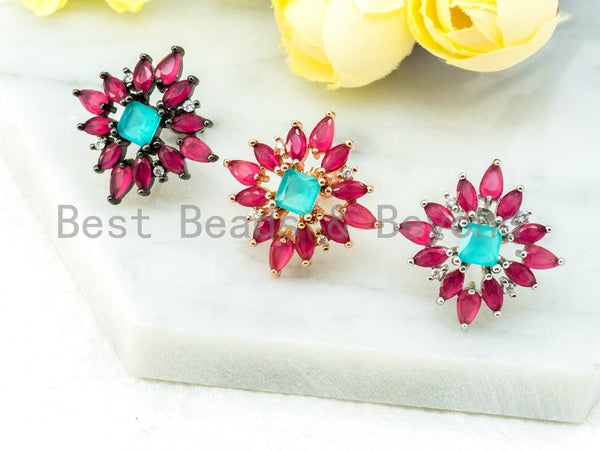 CZ Micro Pave Ruby Blue Flower Star Ear Studs, CZ Pave Earrings, Rose Gold Black Silver plated Earring,22x22mm,1pair, sku#O50