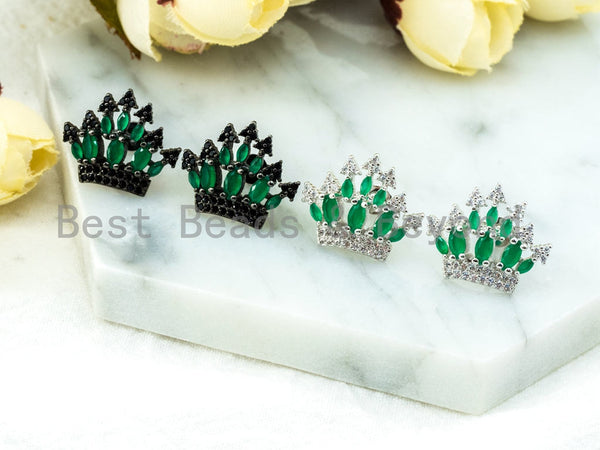 CZ Micro Pave Emerald Silver Crown Ear Studs, Crown Earrings, Bridesmaid Earrings, Wedding Earring, 20x21mm,1pair, sku#O52