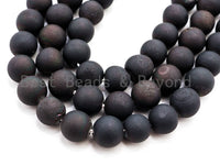 Druzy Black Plated Agate beads Strand, 6mm/8mm/10mm/12mm/14mm Round Smooth Matte Black beads, Natural Agate Beads, 15.5inch strand, SKU#U121