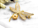 CZ  Micro Pave dragonfly Brooch/Pin/Pendant with 10mm Shell Pearl ,Gold plated Pave dragonfly Brooch Jewelry, Pave Pendant, 41x53mm, Sku#P24