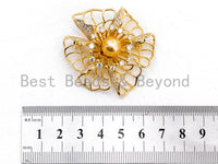 CZ Micro Pave 3D Flower Brooch/Pin/ Pendant with 10mm Round Shell Pearl,Gold plated, Pave Flower Brooch Pin Jewelry,46x47mm, Sku#P30