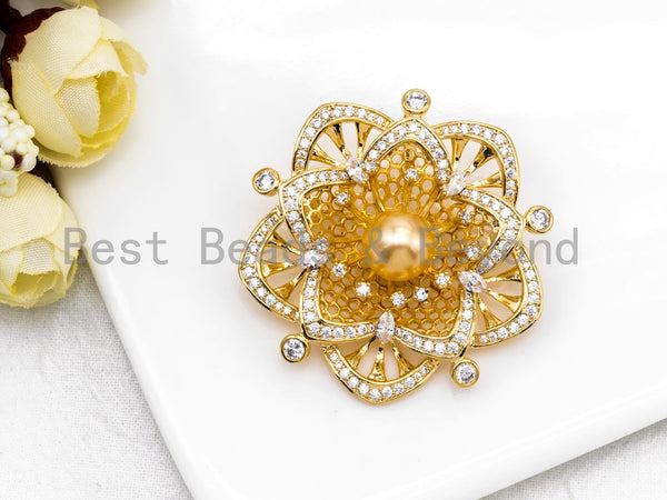 Vintage Gold Plated Paved Rhinestone Pin/ Brooch with 10mm Shell Pearl, Pave Flower Pin Brooth, Large CZ Pave Pendant, 43x44mm, Sku#P32