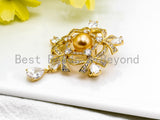 CZ Micro Pave Gold Tone Flower Pendant Brooch with 10mm Round Shell Pearl, Pave Flower Brooch Pin Jewelry, 38x41mm, Sku#P34
