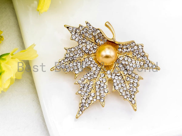 Vintage CZ Micro Pave Maple Leaf Brooch Pin with 10mm Round Shell Pearl, Gold Plated Pave Maple Leaf Brooch Pin Jewelry, 48x49mm, Sku#P35