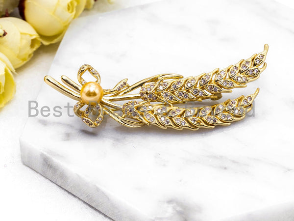 Large CZ Micro Pave Gold Silver Tone Wheat Flower Brooch with Shell Pearls, Vintage CZ Pave Brooch Pin Pendant Jewelry, 18x65mm, Sku#P43