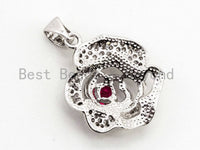 CZ Micro Pave Ruby Rose Flower Pendant,Fuchsia CZ, Cubic Zirconia Pave Flower Pendant, Jewelry DIY, 16x19mm, sku#Y51