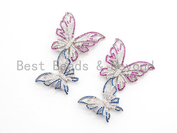 Large CZ Micro Pave Twin Butterfly Pendant/Link Connector, Cobalt Fuchsia Cubic Zirconia Pendant, Fancy Jewelry Pendant, 39x63mm, SKU#Y74