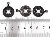 Black CZ Pave On Black Micro Pave Hollow Star Round Pendant/Charm, Cubic Zirconia Pendant, 18x21mm, F374