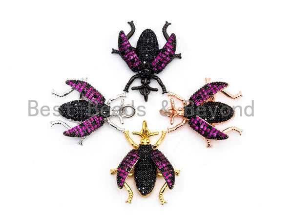BEETLE Inspired Charm, CZ Micro Pave Fuchsia Insect Pendant, Cubic Zirconia Pendant,Gold/Rose Gold/Silver/Black,23x25x6mm,SKU#F455