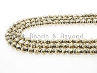 Pyrite Color Gold Hematite Faceted Round beads, Round 2mm/3mm/4mm/6mm/8mm/10mm/12mm, Natural Gemstone Beads, 16 inch Full strand, SKU#S93