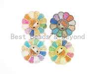 Rainbow Color CZ Micro Pave Smiley Face Sunflower Pendant/Focal, Pave pendant Gold,Silver,Rose Gold,Black plated,44mm,sku#F487