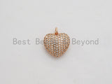 15mm CZ Micro Pave Puffy Heart Charm/Pendant, CZ Pave Charm in Gold/Rose Gold/Silver/Black Finish, Pave Heart Beads, sku#F524