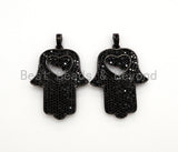 Black CZ Pave On Black Micro Pave Hamsa Hand with Heart Pendant/Charm,Cubic Zirconia Pendant,Fashion Jewelry Findings, 27x35mm, sku#F539