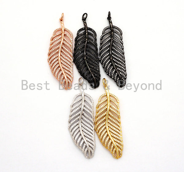 56mm Large CZ Micro Pave Leaf Pendant with Jump Ring, Gold/Silver/Black/Rose Gold Plated, Cubic Zirconia Leaf Pendant/Charm,sku#F512 BestbeadsbeyondUS