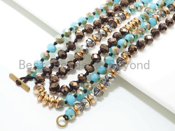 NEW STYLE 36" Long Hand Knotted Multi Color Crystal Necklace Chain, with Toggle, 4x6mm Crystal with Brass Spacer Beads, SKU#D29