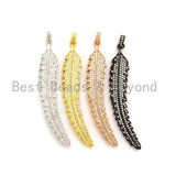 61mm Long CZ Micro Pave Feather Leaf Pendant, Gold/Rose gold/Black/Silver,  Cubic Zirconia Pave Pendant/Charm,sku#F510