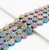 Natural Rainbow Color Druzy Style Hematite Beads,Round Flat Coin Gemstone Beads, 8mm/10mm/12mm, 16inch full strand,Rainbow Beads,SKU#S102