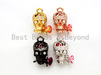 3D CZ Micro Pave Skull with Rose flower Moving Ball Pendant,Cubic Zirconia Skull Charm, Black/Silver/Rose gold/Gold Pendant,30x20mm,sku#F527