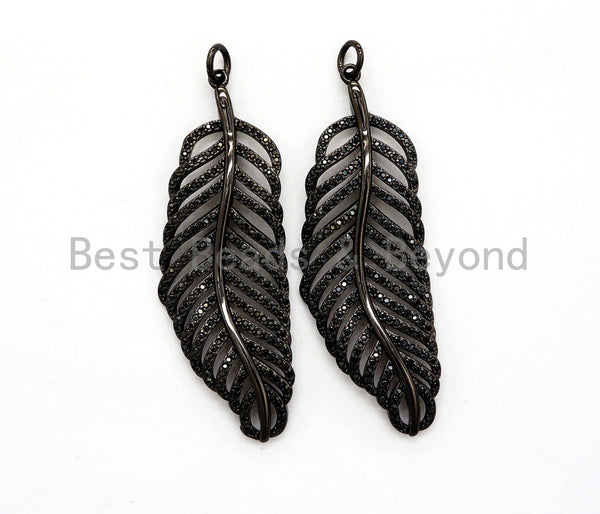 Black CZ Pave On Black Micro Pave Feather/Leaf Pendant/Charm,Cubic Zirconia Pendant,Fashion Jewelry Findings, 19x57mm, sku#F535