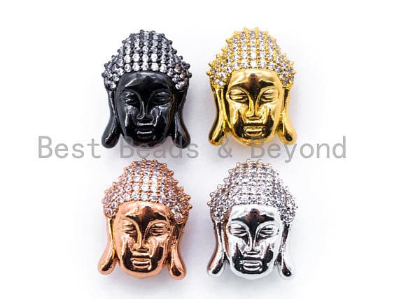 CZ Micro Pave Guanin Buddha Double Face Head Beads, Cubic Zirconia Spacer Bead, Pave Buddha's Head Gold/Silver/Black/Rose Gold, sku#G102