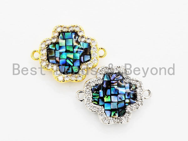 CZ Micro Pave Clover Connector with NATURAL Abalone Shell, Cubic Zirconia Space Connector, 15x20mm, 1pc,SKU#Z248
