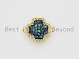 CZ Micro Pave Clover Connector with NATURAL Abalone Shell, Cubic Zirconia Space Connector, 15x20mm, 1pc,SKU#Z248