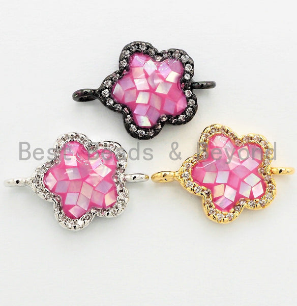 CZ Micro Pave Clover Connector with Natural Pink Abalone Shell, Cubic Zirconia Space Connector, CZ Abalone Stone Charm 13x18mm, SKU#Z249