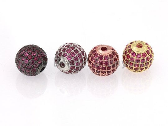 6mm/8mm/10mm/12mm Micro Pave Fuchsia CZ Stone Round Ball, Fuchsia Pave Gold/Silver/Rose Gold/Black Rhodium Bead Focal, 1/2pcs sku#G308F