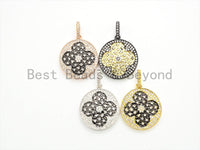 19mm/38mm CZ Micro Pave Dual Color Clover Flower Round Charm/Pendant,Black,Gold Rose, Gold, Silver Finish,sku#F549