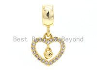CZ Micro Pave Dangle Heart Shape Pendant, Large hole/Big hole European style bracelet charm Beads,Fit for 3mm Leather Cord, 11x20mm,sku#Y147