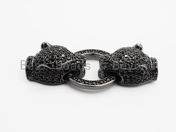 LARGE Black CZ Pave Micro Pave Panther Leopard Head Box Insert Clasp,Cubic Zirconia Clasp,Leopard Head Connector, 50mm, sku#C84