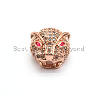 CZ Micro Pave Jaguar Panther Head with Fuchsia Eye Beads, Cubic Zirconia Spacer Beads, Leopard Animal Head Space Beads,13x14x9mm,sku#Y143