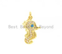 CZ Micro Pave Cute Sea Horse Charm with Blue Opal Eye, Cubic Zirconia Sea Creature Charm/Pendant, Gold/Silver, 12x19mm, SKU#Y150