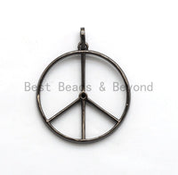 Large CZ Micro Pave Peace Sign Pendant, Cubic Zirconia Pendant/Charm,Pave Findings, Gold/Black/Silver/Rose Gold,36x39mm, sku#F561
