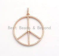 Large CZ Micro Pave Peace Sign Pendant, Cubic Zirconia Pendant/Charm,Pave Findings, Gold/Black/Silver/Rose Gold,36x39mm, sku#F561