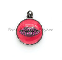 NEW Colorful Oil Dropped Round Charm with  Fuchsia Lip, Enamel Gunmetal Pendant Charms, Enamel Oil Drop CZ Charm, Lip Charm,17x20mm,sku#F563 BestbeadsbeyondUS