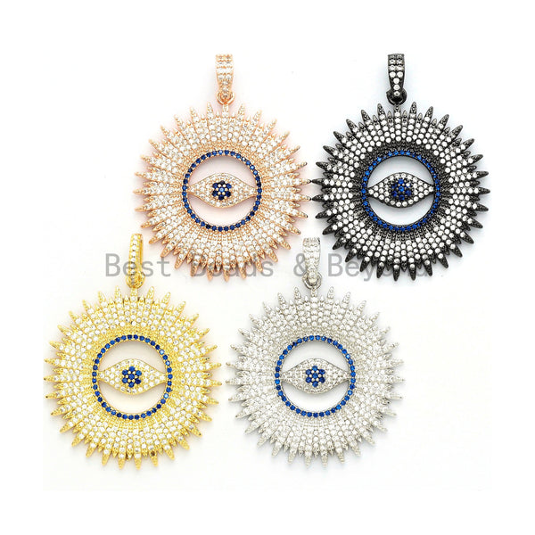 Large CZ Micro Pave Flower With Blue Evil Eye Pendant, Cubic Zirconia Paved Charm/Focal Pendant, Necklace Charm Pendant, 36x39mm,sku#F556