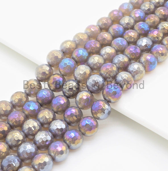 Mystic Plated Faceted Agate Beads,6mm/8mm/10mm/12mm, Rainbow Gray Agate Beads,15.5" Full Strand, SKU#U344
