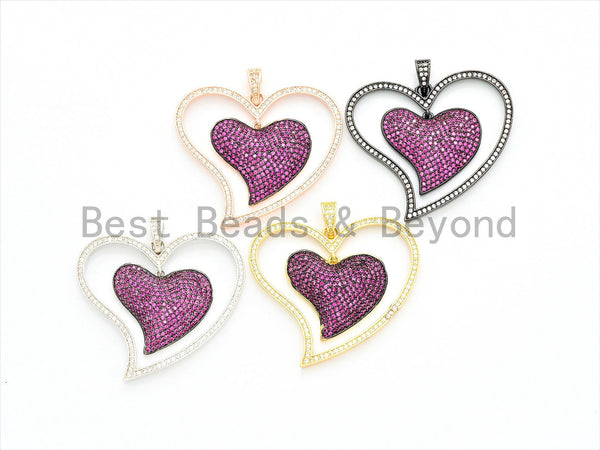 CZ Micro Pave Large Double Open Heart Pendant, Fuchsia Cubic Zirconia Pave Pendant, Fashion Jewelry Findings, Focal Charm, 39x42mm, sku#F552