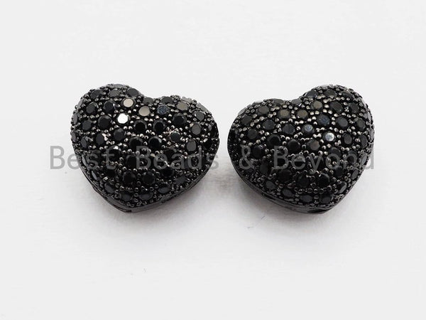 15mm Black CZ Micro Pave Puffy Heart Beads, CZ Pave Heart Beads Charm, Cubic Zirconia Heart Space Beads, SKU#C78