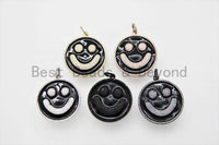 38mm Black Enamel Oil Drop Smiley Face Round Pendant, Gold/Rose gold/Black/Silver, Cubic Zirconia Pave Pendant, Happy face charm, SKU#F612