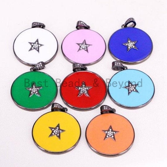 NEW Colorful Enamel Star on Disc Pendant,Cubic Zirconia Pave Pendant, Red/Blue/Pink/Orange/Yellow/White/Green Star Charms, 30*35mm, SKU#F613