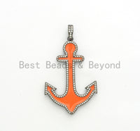 Enamel Anchor Pendant, Enamel Jewelry, CZ Pave Anchor, Colored Anchor Pendant, 32x48mm, Sku#F601