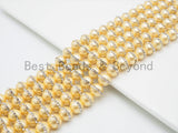 6mm/8mm/10mm/12mm Round Gold Pearl with rhinestone inlaid, Plated White Round Mother of Pearl Beads, 15.5inch Full strand,SKU#V31