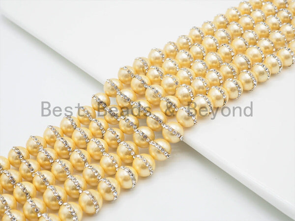 6mm/8mm/10mm/12mm Round Gold Pearl with rhinestone inlaid, Plated White Round Mother of Pearl Beads, 15.5inch Full strand,SKU#V31