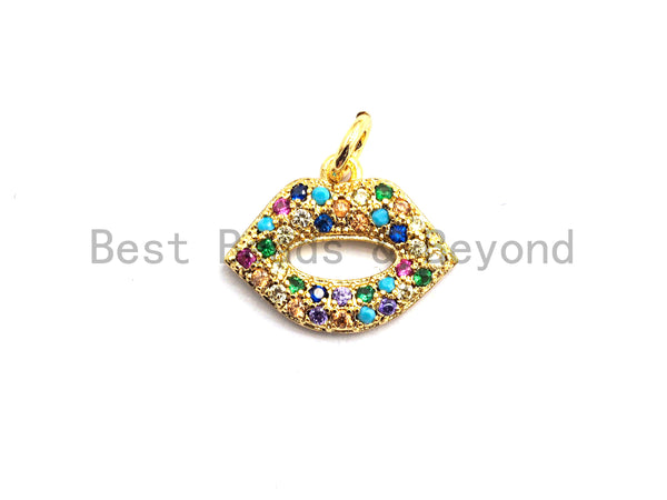 CZ Colorful Micro Pave Lip Charm, Lip Shaped Pave Pendant, Gold plated, 12x15mm, Sku#F750