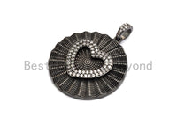 Large Pleat Round With CZ Micro Pave Heart Pendant, Cz Paved Charm/Focal Pendant, Necklace Charm Pendant, 35x38mm,sku#F661