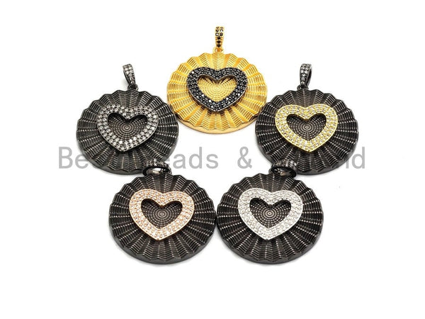 Large Pleat Round With CZ Micro Pave Heart Pendant, Cz Paved Charm/Focal Pendant, Necklace Charm Pendant, 35x38mm,sku#F661